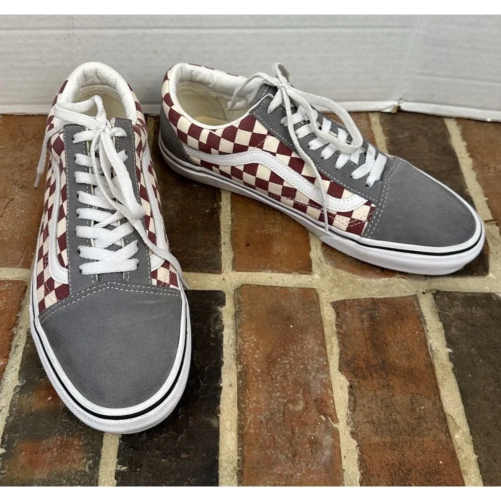 Vans Gray Red Checkered Sneakers Old Skool Low Top Canvas Suede Lace Up Men 9.5